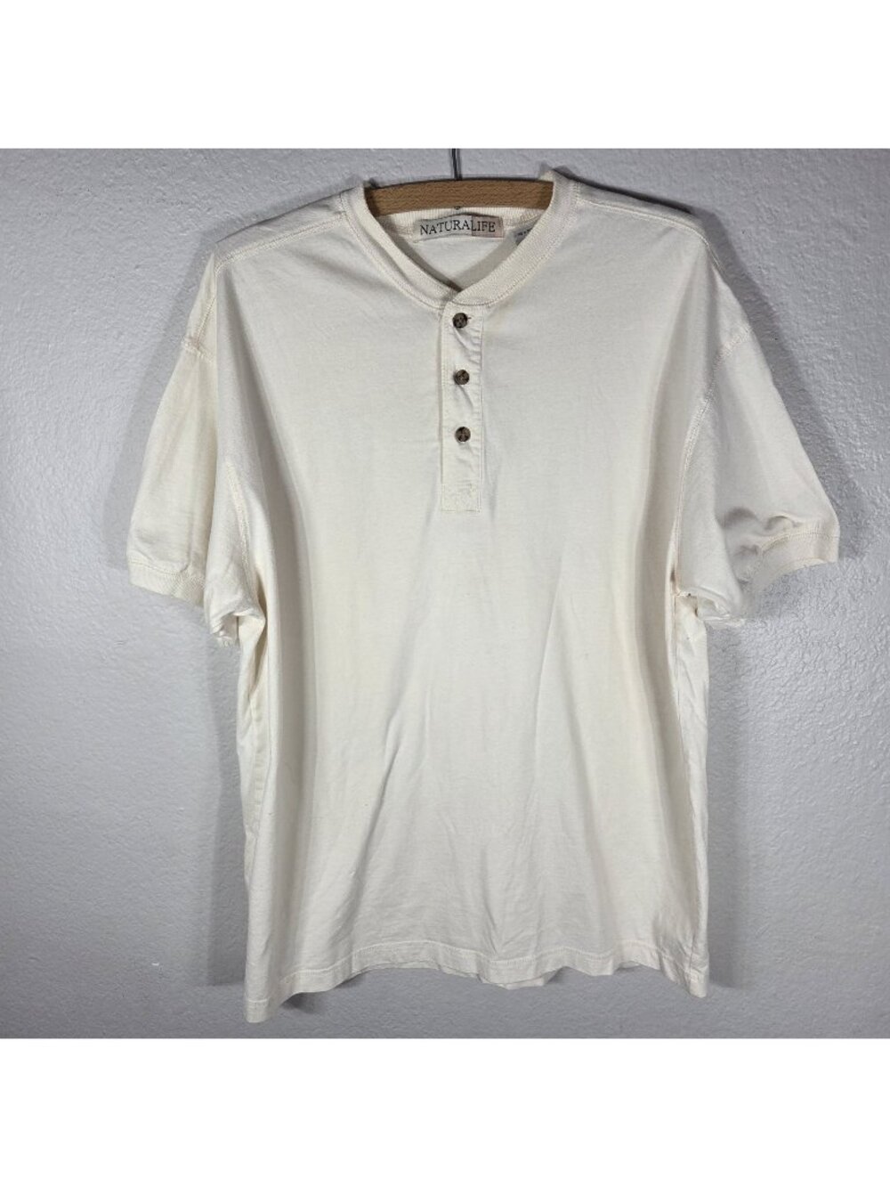 Natural Life Mens Size L Short Sleeve Cream Casual Pullover Shirt Cotton